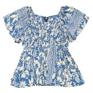 Angie Blue Floral Smocked Top Babydoll Shirt Womens Plus Size 3X Boho Peasant